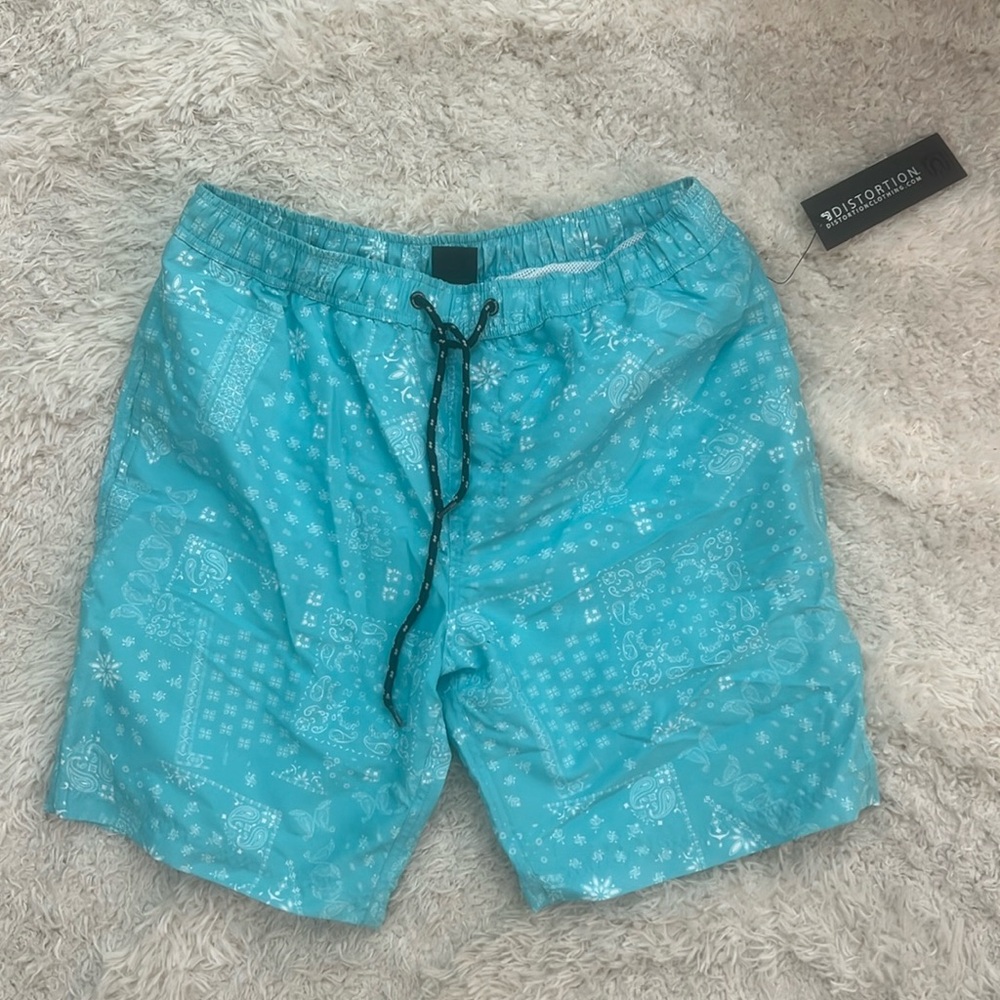 Men’s distortion paisley bandana print teal board shorts swim trunks green blue